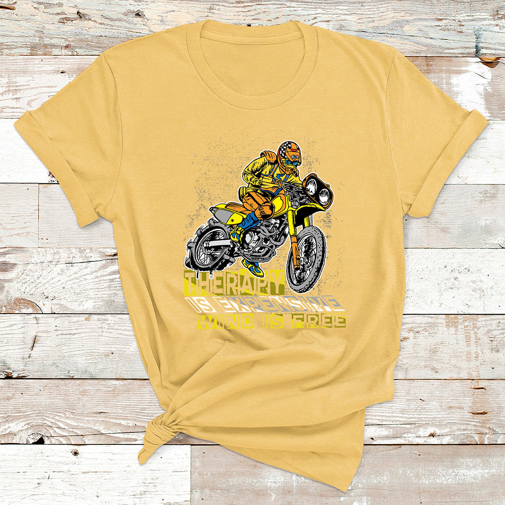 Yellow motorcycle biker T-shirt with yellow rider graphic and text 'WIND IS FREE'