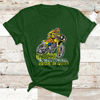 Forest green motorcycle biker T-shirt with yellow rider graphic and text 'WIND IS FREE'