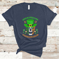 Navy T-shirt with green leprechaun hat skull graphic and text "Shenanigans Coordinator"