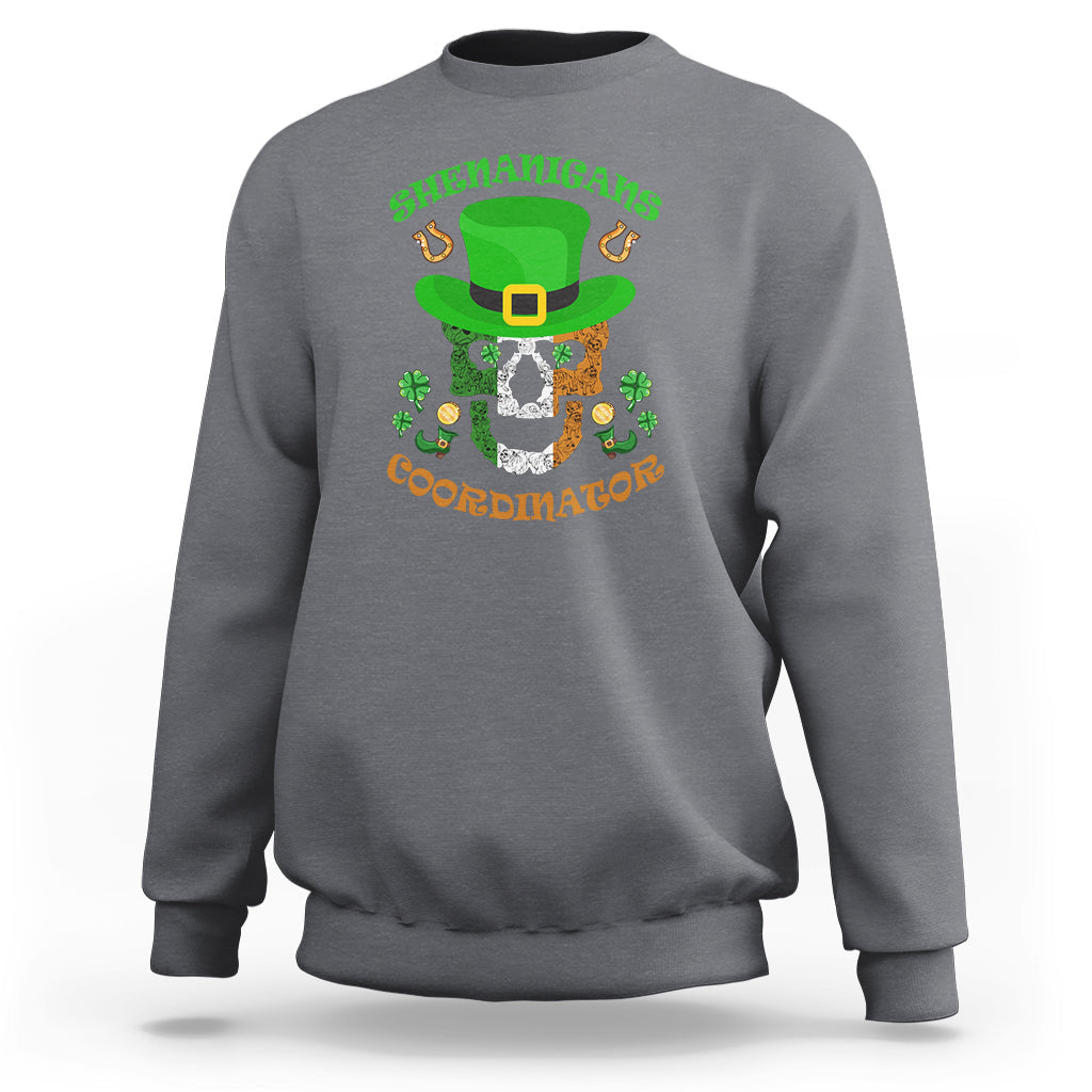 Charcoal St Patrick's Day teacher skull sweatshirt with 'Shenanigans Coordinator' graphic