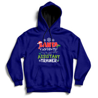 Navy pullover hoodie with front pouch and “Santa Favorite Assistant Trainer” graphic