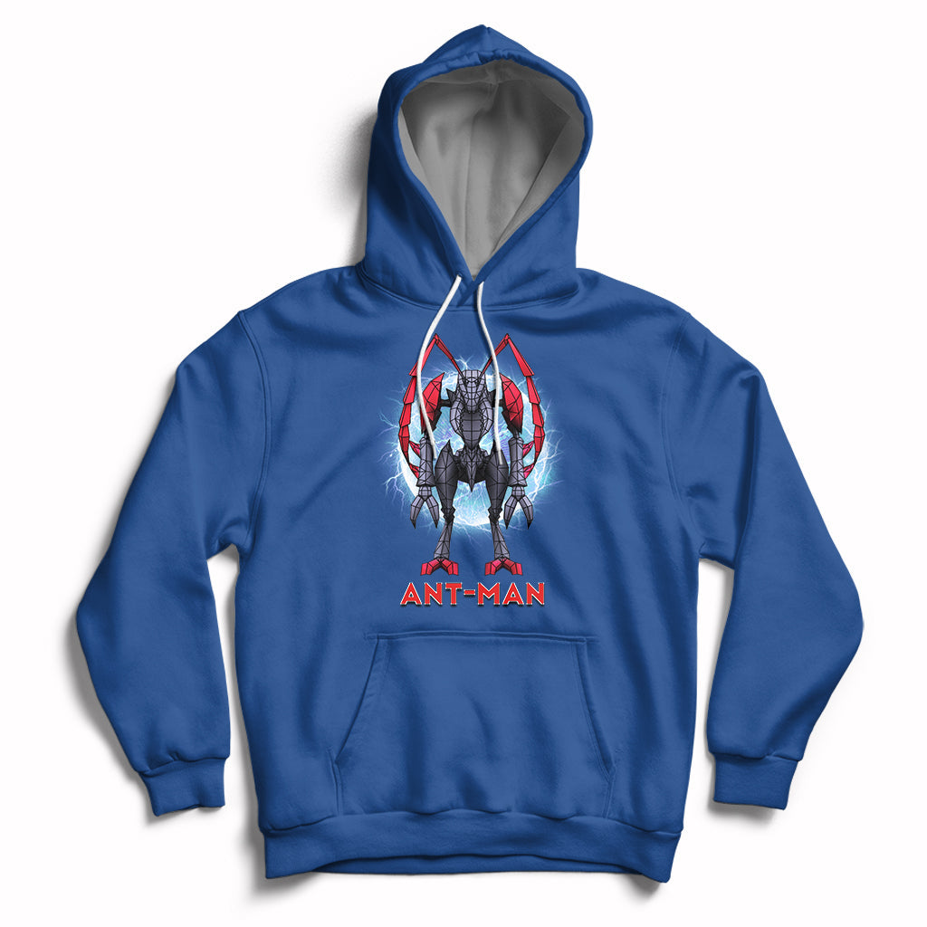 Royal blue pullover hoodie with “ANT-MAN” robot graphic on chest and front pouch.