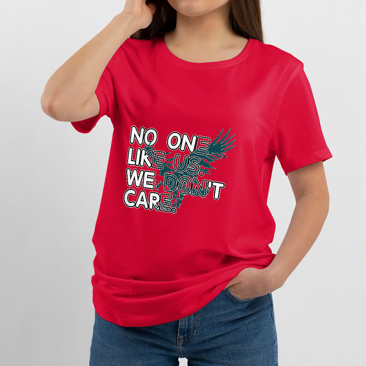 Red crewneck T-shirt on model with front "No one like us, we don't care" graphic