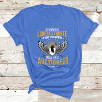 Royal blue t-shirt with "Never Underestimate the Power" auctioneer wing graphic