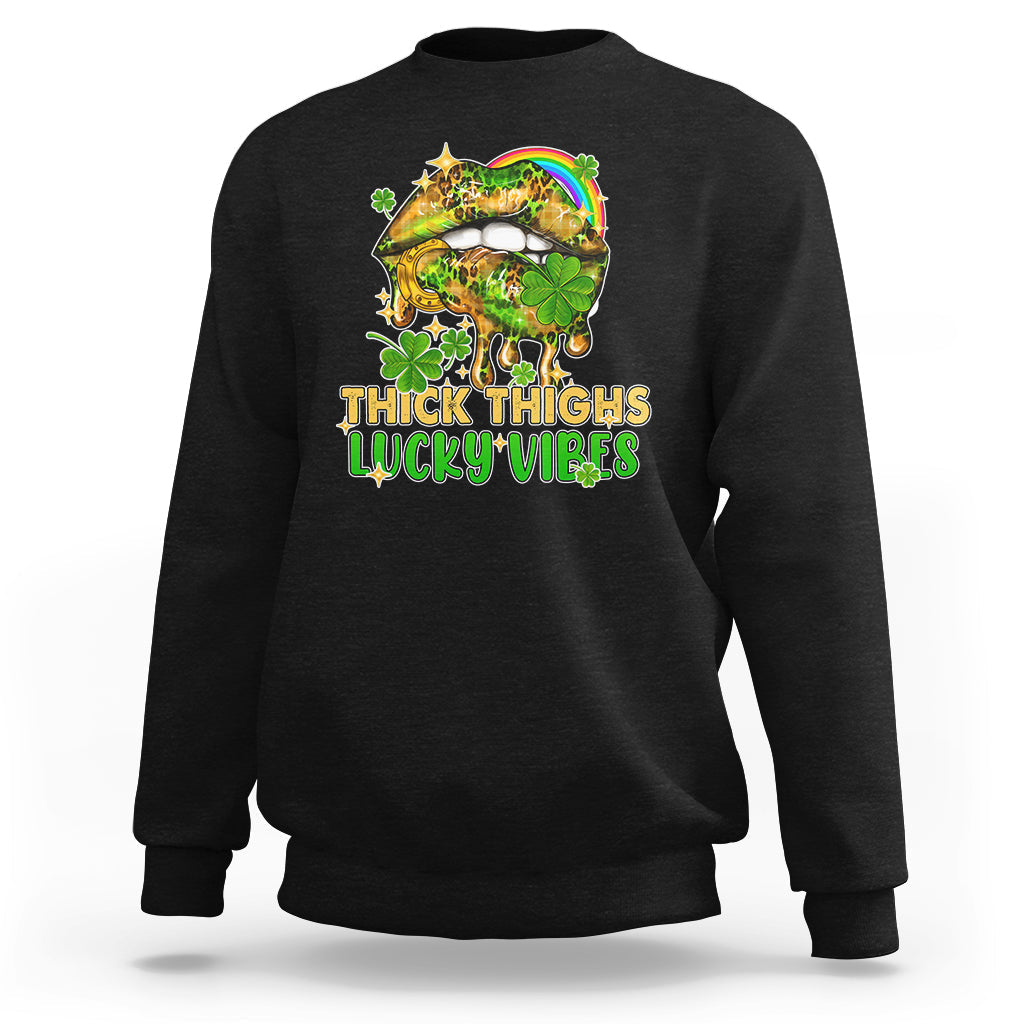 Thick Thighs Lucky Vibes Funny St Patrick's Day Leopard Lips Sweatshirt - Wonder Print Shop