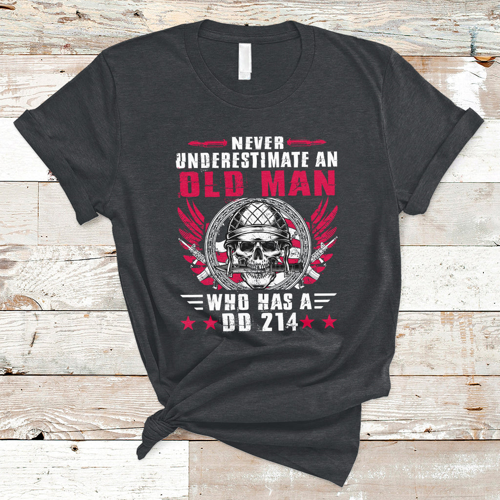 Charcoal graphic skull T-shirt with red DD214 text, short-sleeve crew neck
