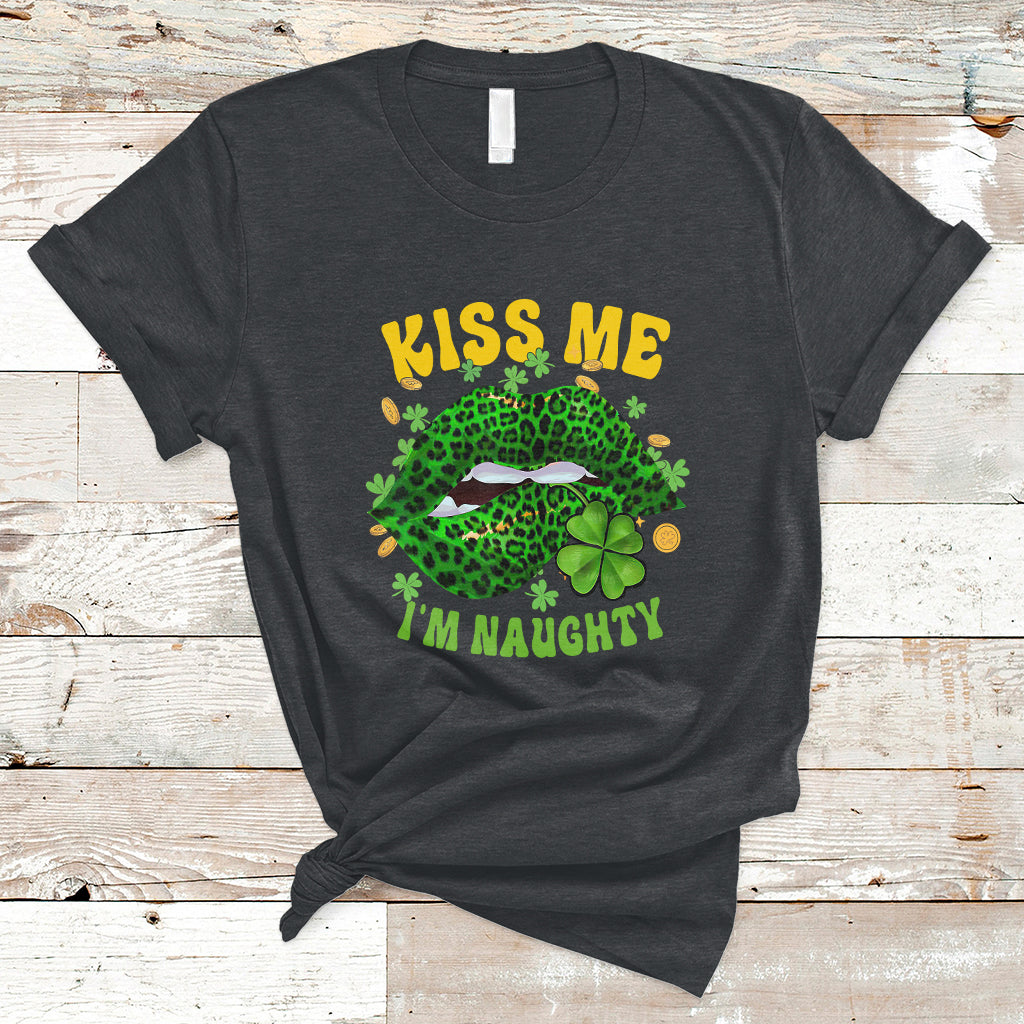 Kiss Me I'm Naughty Irish St. Patricks Shamrock Leopard Lips T-Shirt - Wonder Print Shop