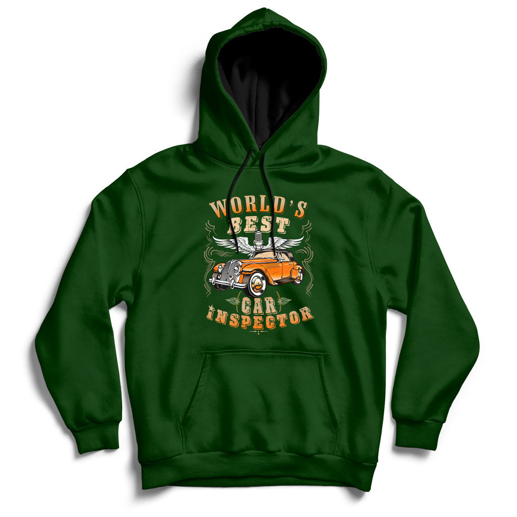 Forest green car inspector hoodie with kangaroo pocket and chest graphic