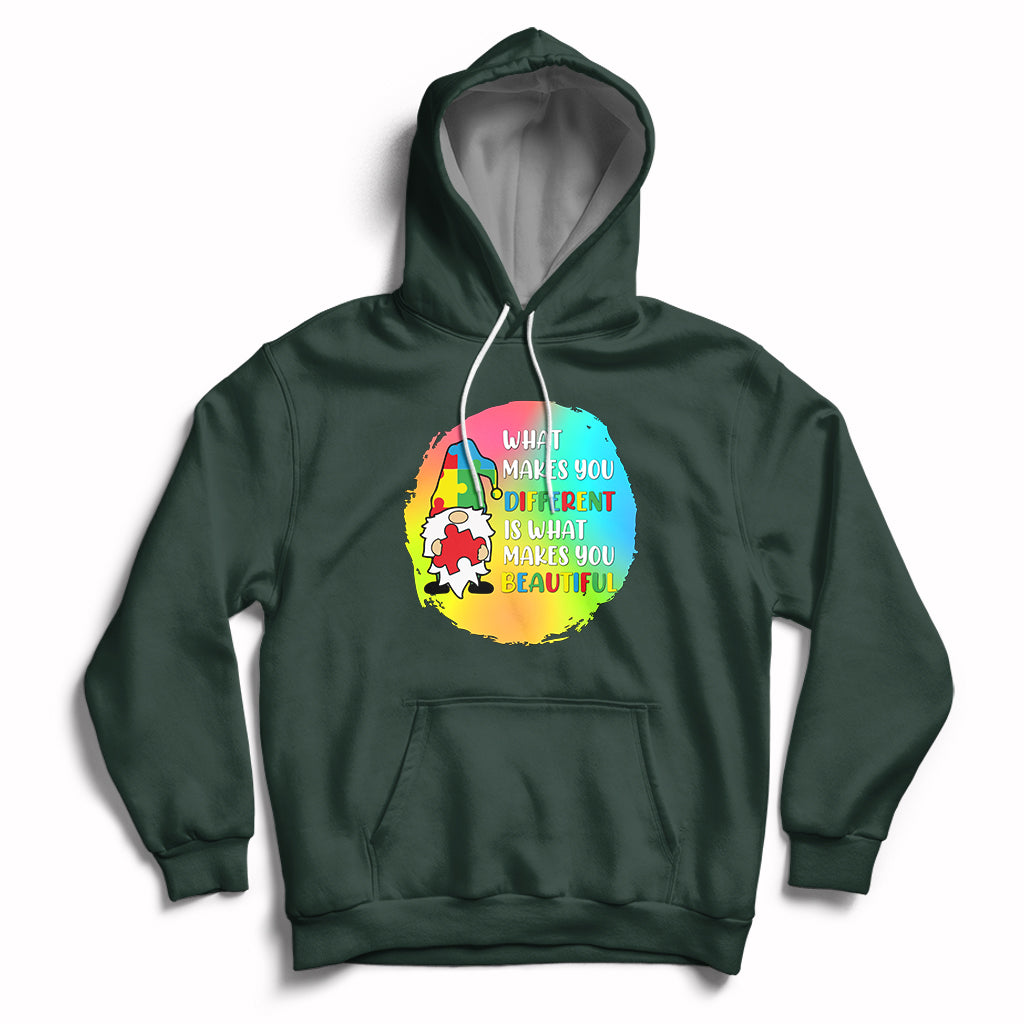Forest green autism support hoodie with gnome graphic and front kangaroo pocket