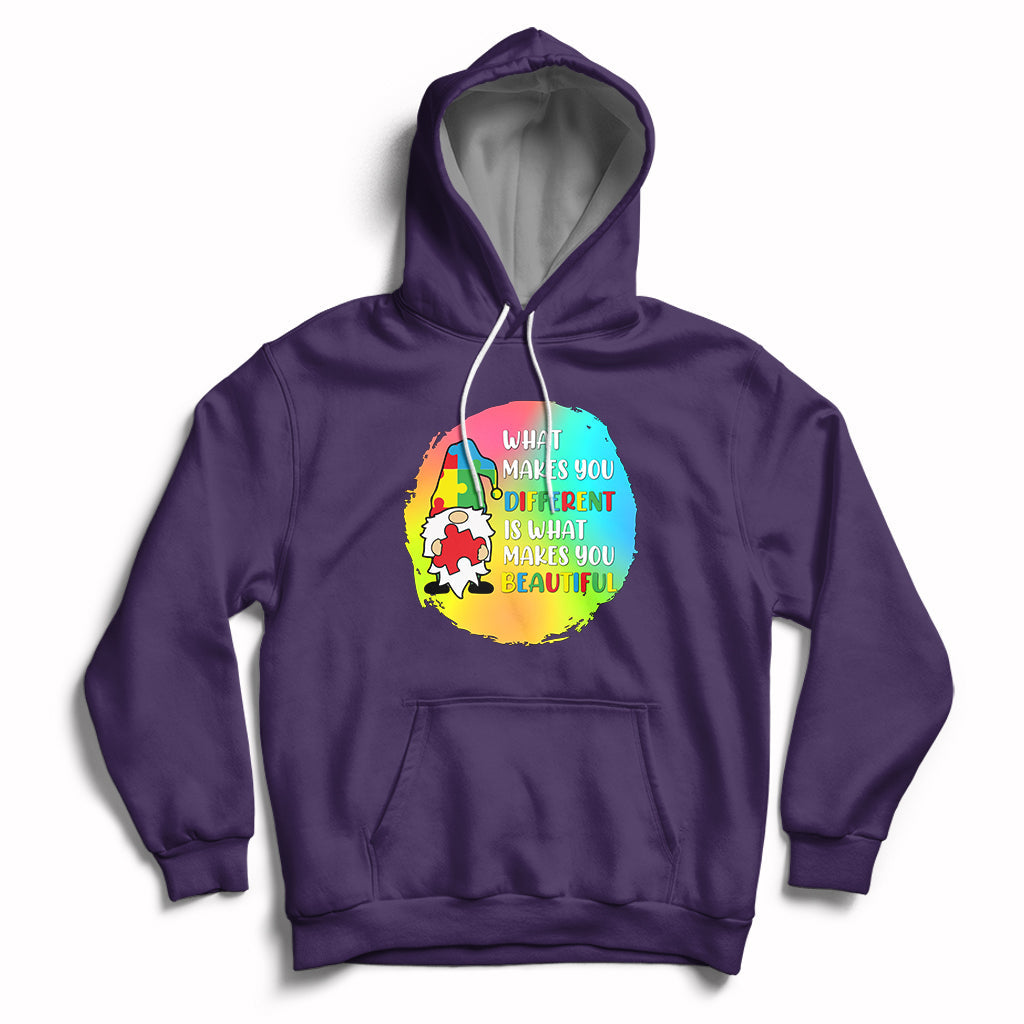 Purple autism support hoodie with gnome graphic and front kangaroo pocket