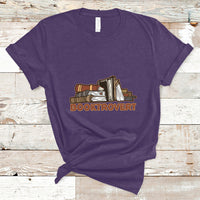 Purple crew-neck T-shirt with stacked book graphic and "BOOKTROVERT" text