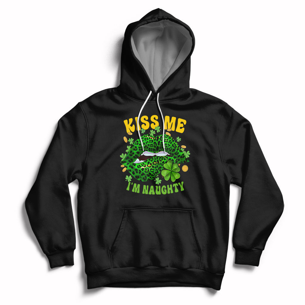 Kiss Me I'm Naughty Irish St. Patricks Shamrock Leopard Lips Hoodie - Wonder Print Shop