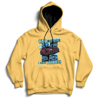 Yellow car inspector hoodie with front graphic, kangaroo pocket, drawstring hood.