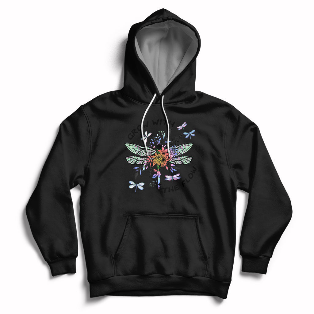 Grow With The Flow Mystical Floral Dragonfly Transformation Embrace Change Hoodie - Wonder Print Shop