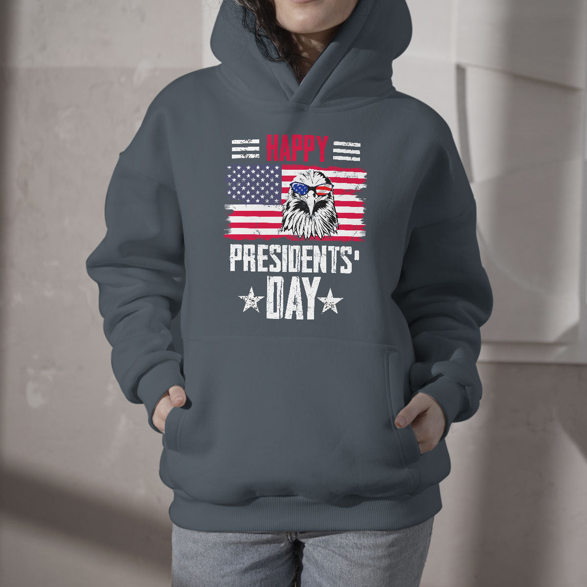 Dark gray hoodie with eagle and U.S. flag 'Happy Presidents' Day' print
