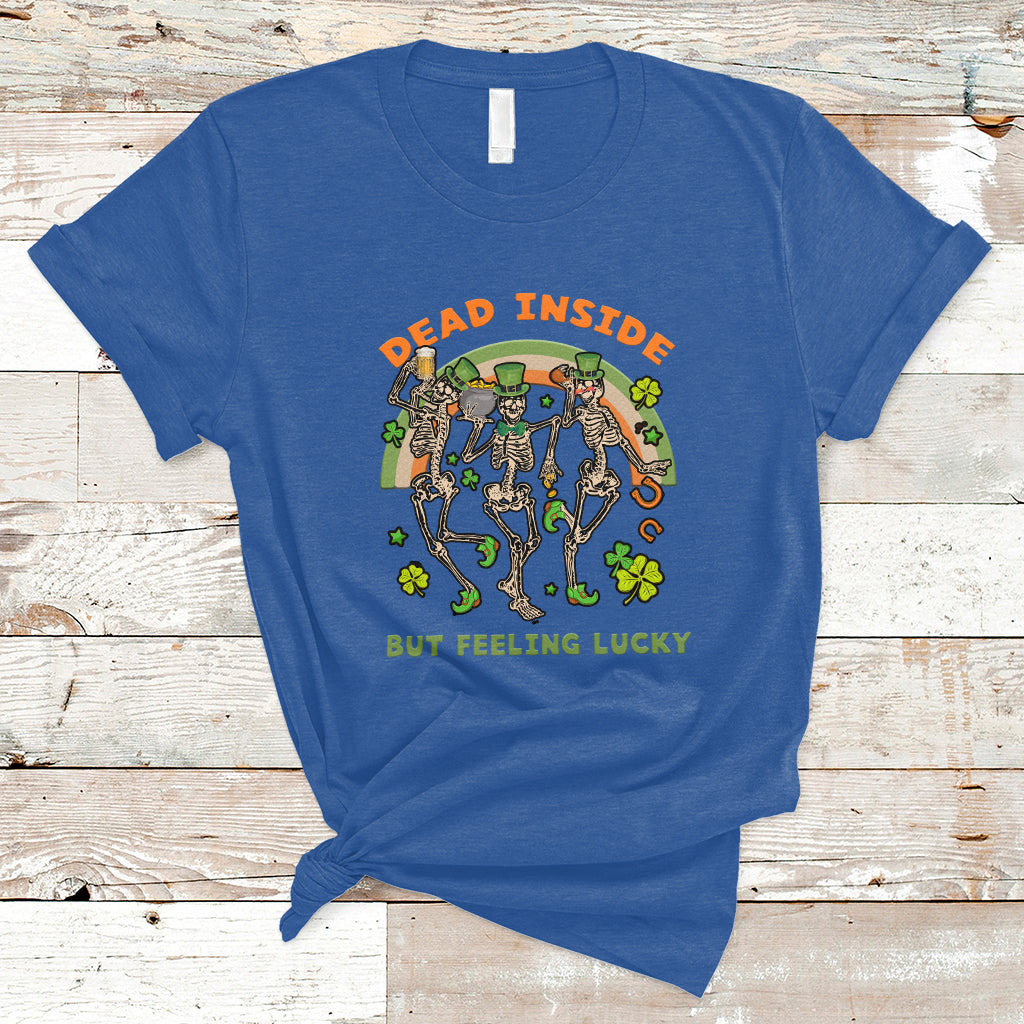 Royal blue crewneck T-shirt with skeleton lucky clover graphic and 'Feeling Lucky' text