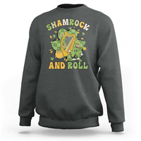 Dark gray sweatshirt with “Shamrock and Roll” harp graphic on the chest