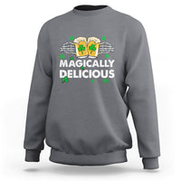 Charcoal gray crewneck sweatshirt with 'Magically Delicious' skeleton shamrock graphic