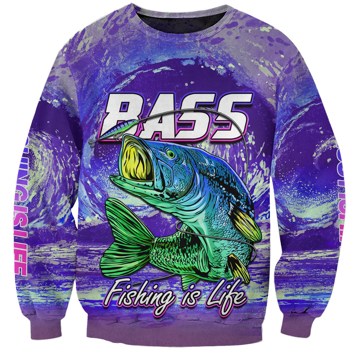 Purple sweatshirt with front bass fish graphic and “Fishing is Life” text
