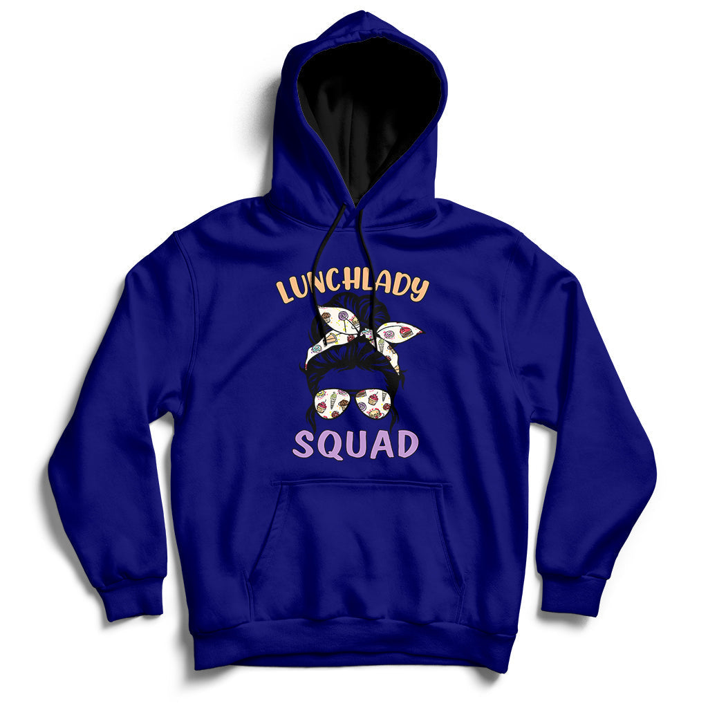 Navy Lunch Lady Squad hoodie featuring a colorful lunch lady graphic on the front