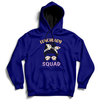 Navy Lunch Lady Squad hoodie featuring a colorful lunch lady graphic on the front