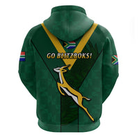 Green rugby sevens pullover hoodie back view with 'GO BLITZBOKS!' text and athlete graphic