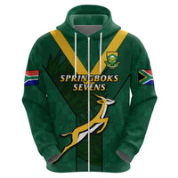 Green rugby sevens pullover hoodie with hood, drawstrings, and Springboks team graphic