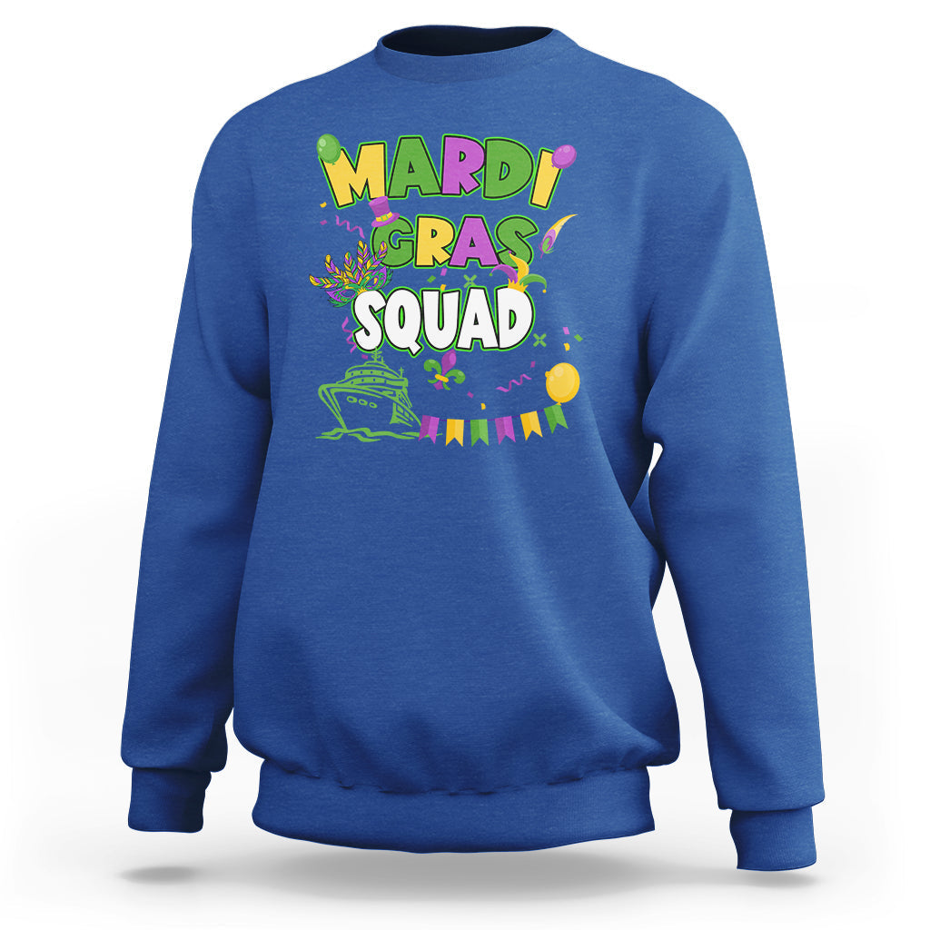 Royal blue Mardi Gras squad sweatshirt with colorful front graphic print