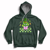 Forest green hoodie with hood and pocket, clover-reading cartoon graphic on chest.
