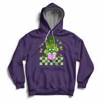 Purple hoodie with hood and pocket, clover-reading cartoon graphic on chest.