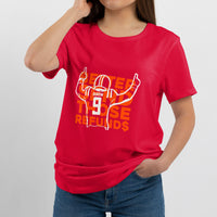 Red crew-neck T-shirt with orange and white "Those Refunds" front graphic