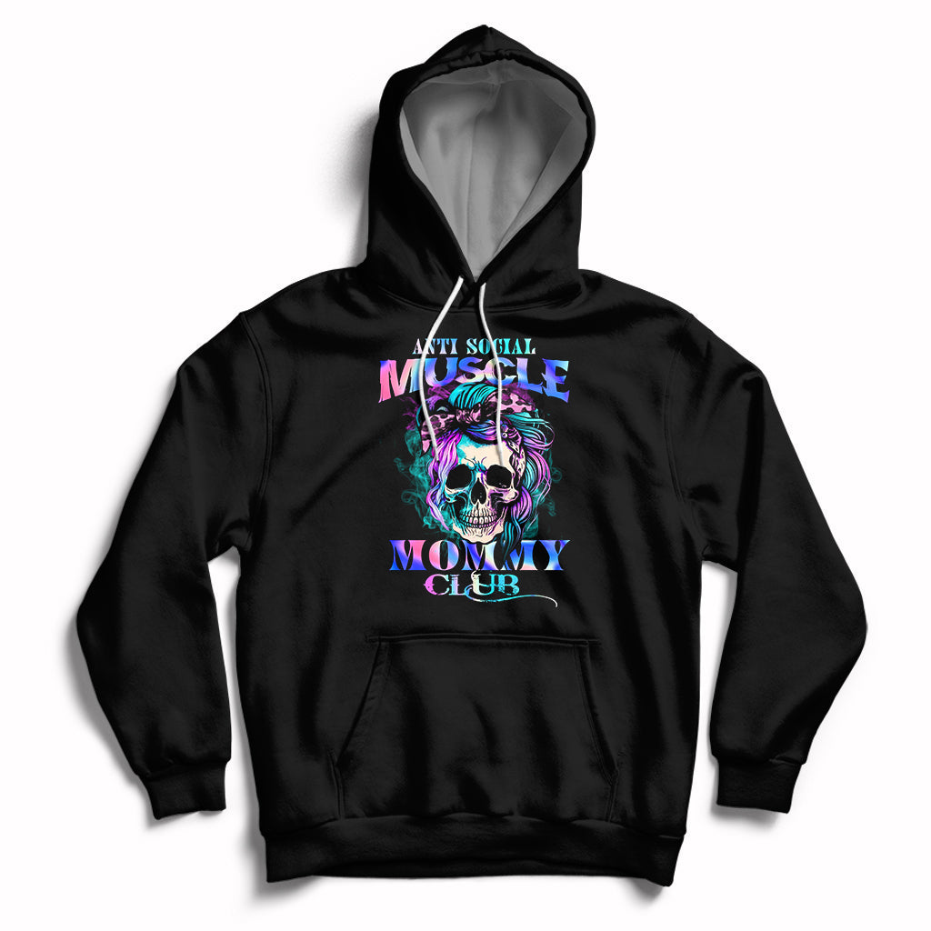 Anti Social Muscle Mommy Club Groovy Pump Cover Funny Messy Bun Skull Hoodie - Wonder Print Shop