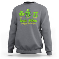 Charcoal gray crewneck sweatshirt with green shamrock and pi math St. Patrick's Day graphic