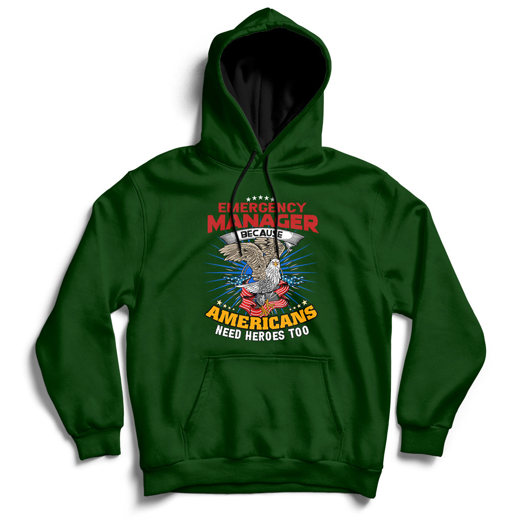 Green hoodie with front printed badge graphic, kangaroo pocket, pullover hood.