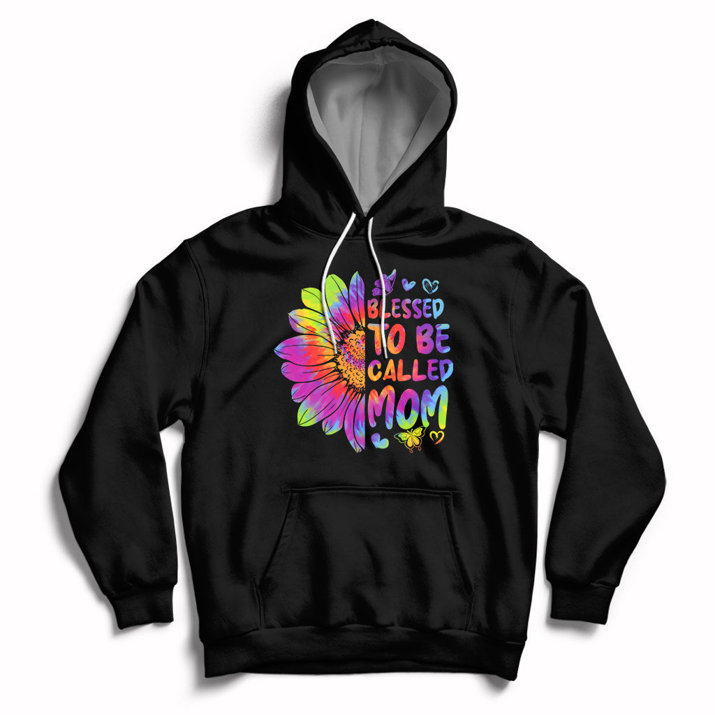 Black hoodie with colorful tie-dye sunflower graphic and 'Blessed To Be Called Mom' text