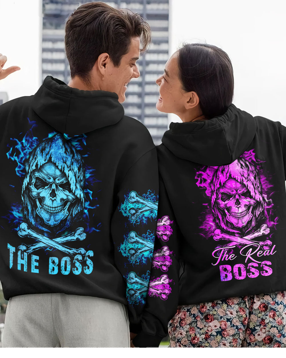 Black couple hoodie set, blue skull “The Boss” and purple skull “The Real Boss”