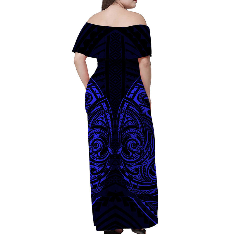 Off-shoulder long dress, back view, dark navy with tribal blue pattern