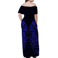 Off-shoulder long dress, back view, dark navy with tribal blue pattern
