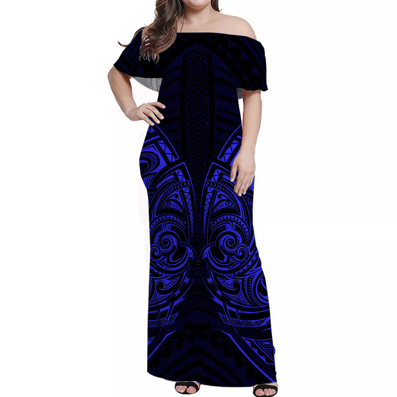 Off-shoulder long dress, dark navy with tribal blue pattern and wide sleeves