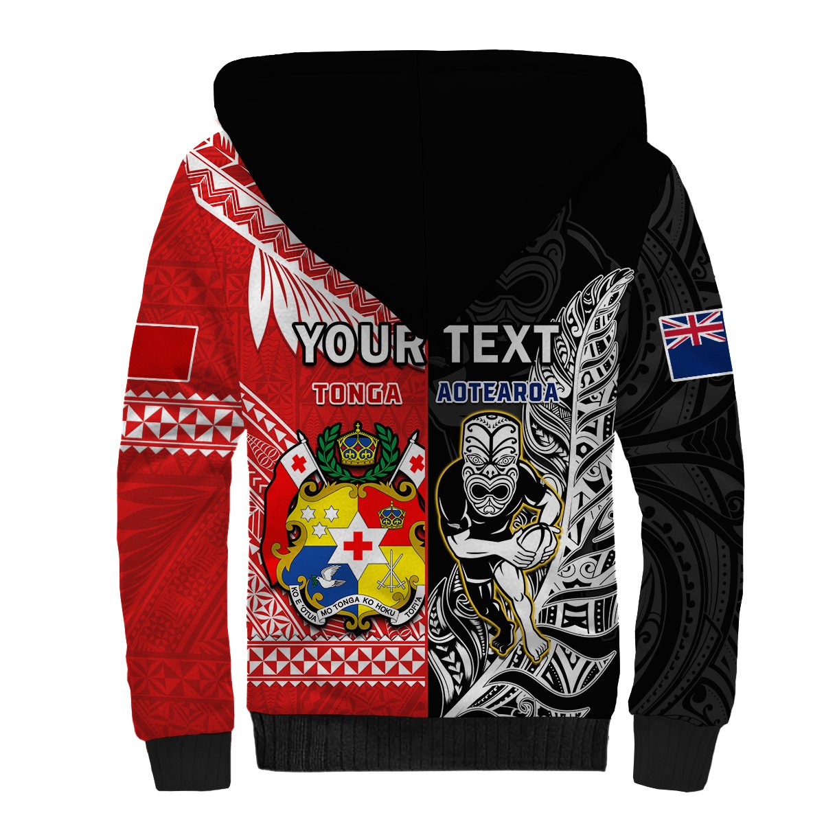 Unisex rugby sherpa hoodie with black hood, red side panels, Polynesian graphic print