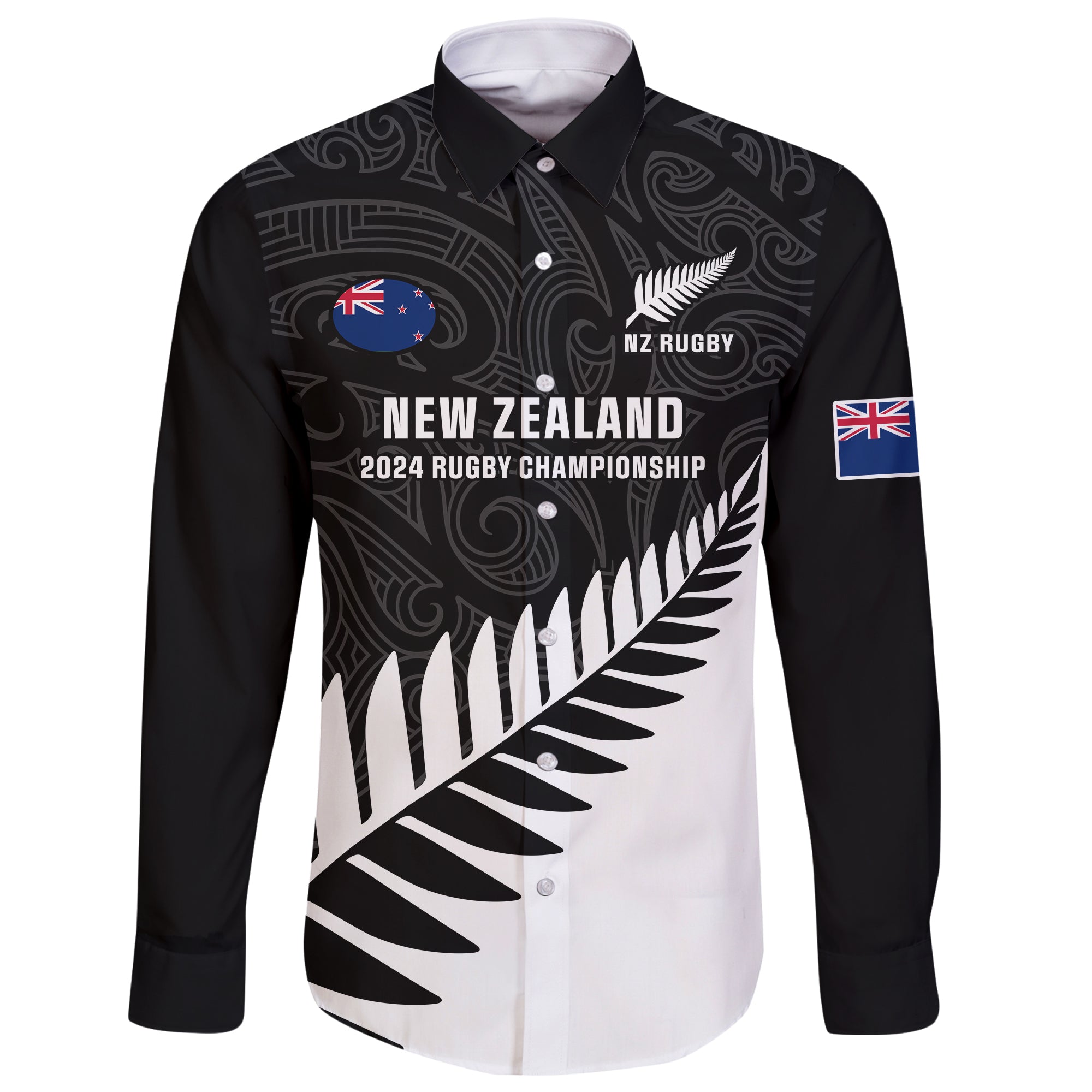 New Zealand Silver Fern Rugby Long Sleeve Button Shirt All Black 2023 Go Champions Maori Pattern - Wonder Print Shop