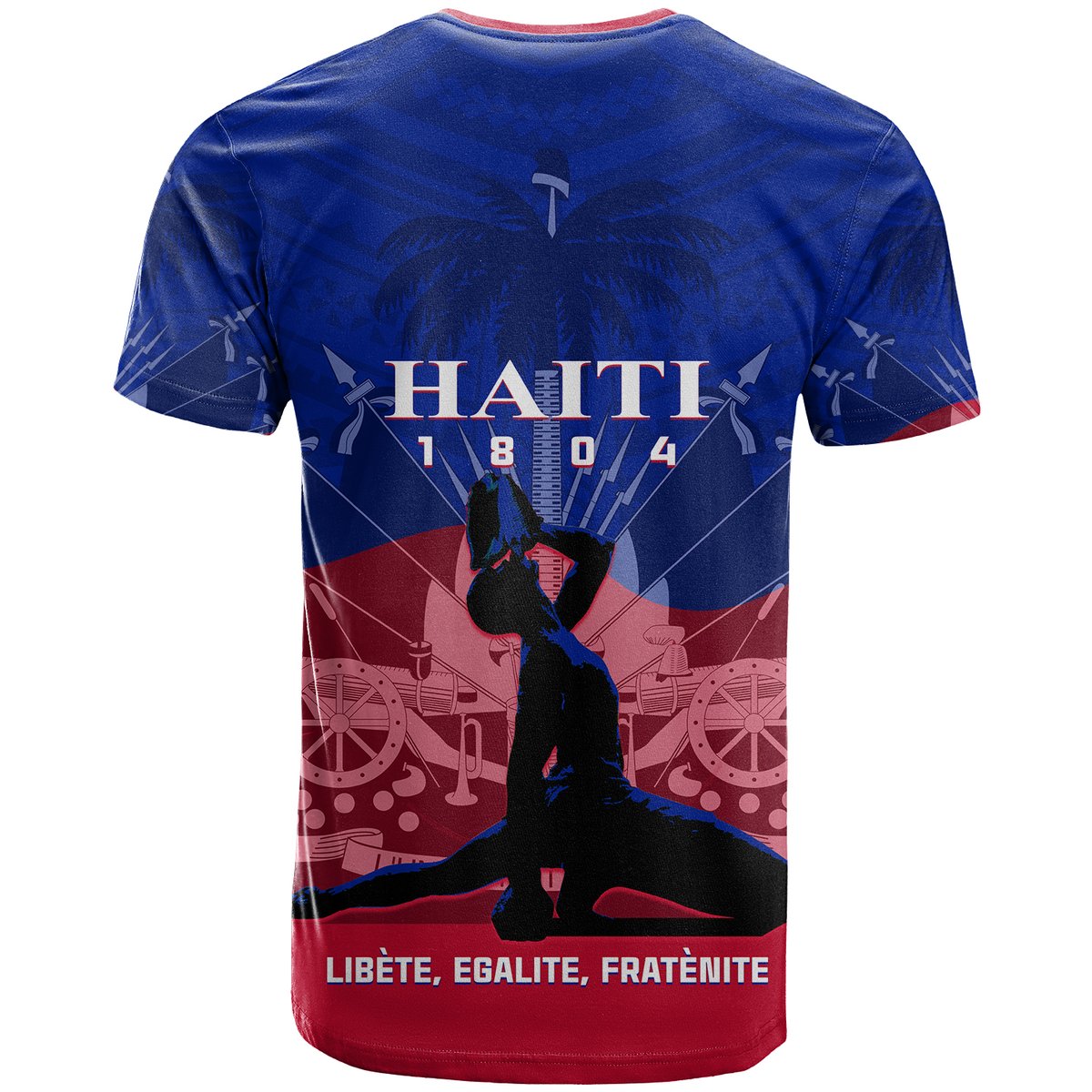 Blue crew-neck T-shirt with red trim and large back graphic print