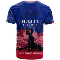 Blue crew-neck T-shirt with red trim and large back graphic print