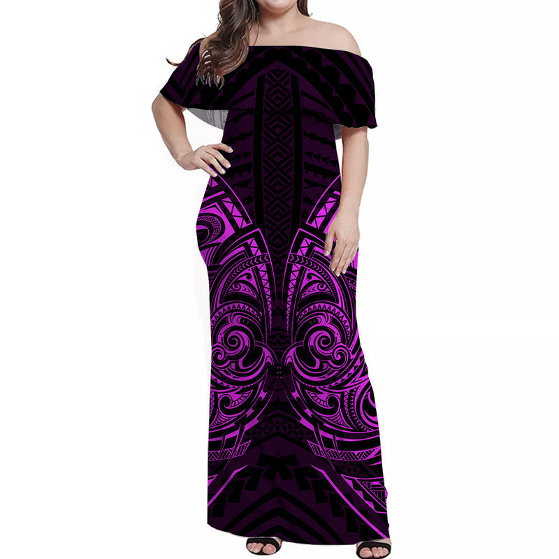 Women’s off-shoulder long dress with purple tribal swirl print, short sleeves