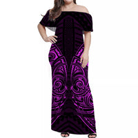 Women’s off-shoulder long dress with purple tribal swirl print, short sleeves