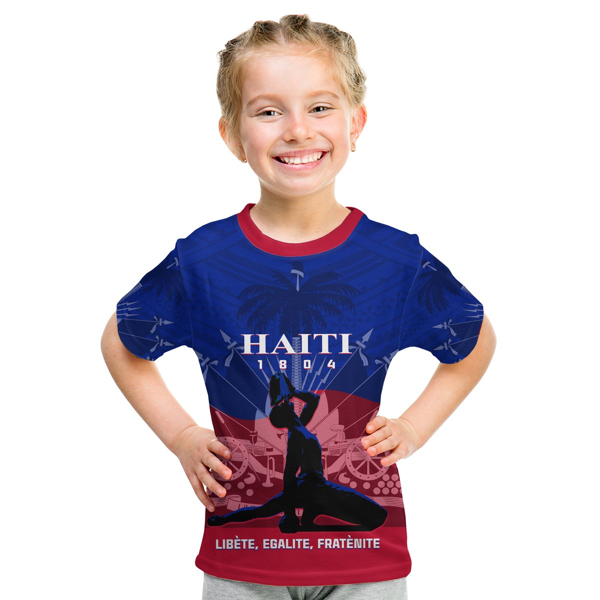 Kids Haiti t-shirt in blue and red with coat of arms graphic and slogan