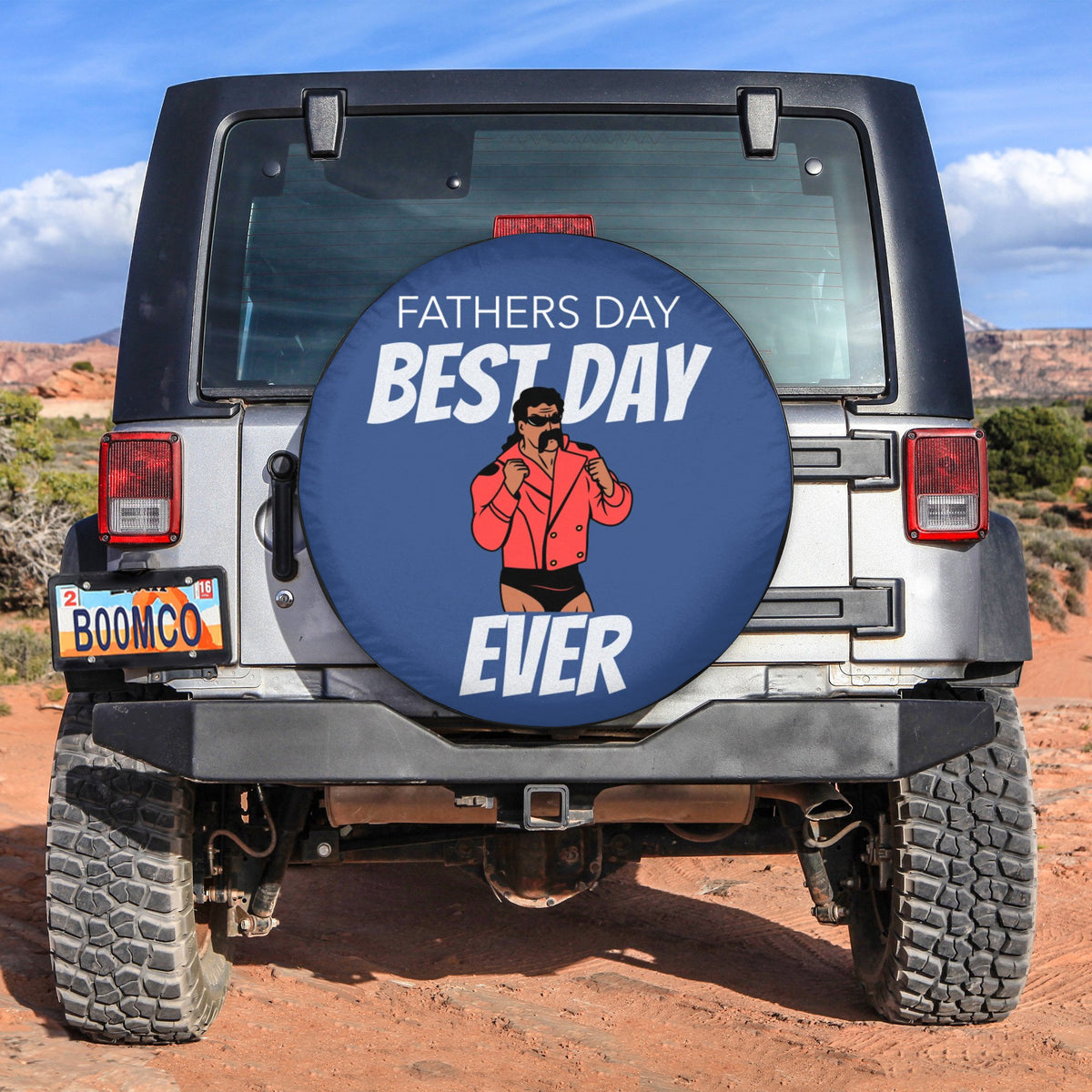 Dark blue spare tire cover with red-shirt man graphic and text FATHERS DAY BEST DAY EVER
