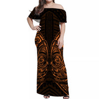 Women’s off-shoulder long dress with black and gold tribal pattern, short sleeves