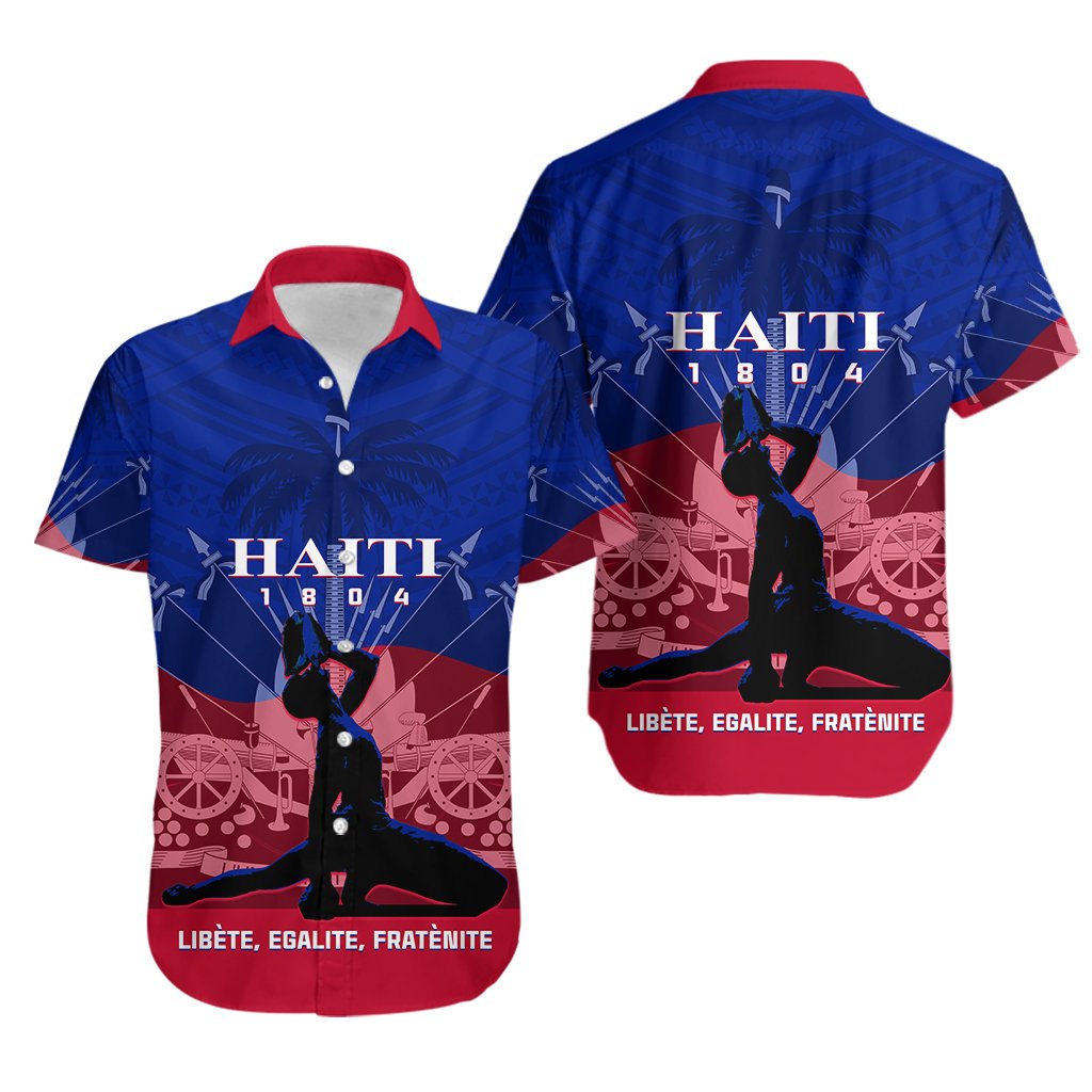 Haiti Hawaiian shirt, dark blue with red graphic and 'Liberte Egalite Fraternite' text
