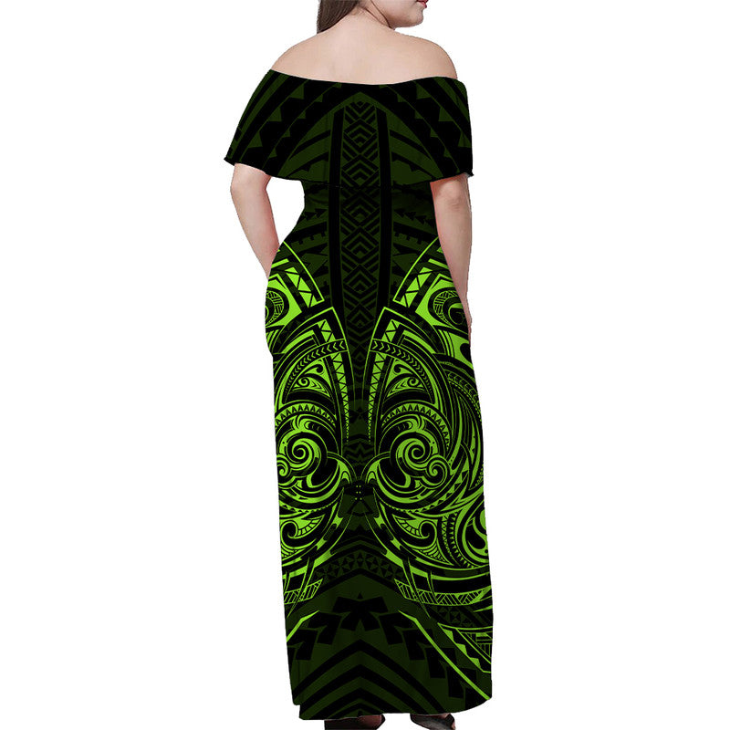 Off-shoulder long dress, dark green and neon green tribal print, back view